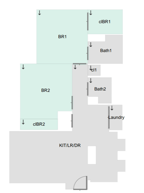 A diagram shows a laundry room connected to two bathrooms and two bedrooms.